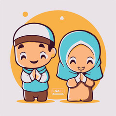 Vector cute boy and girl moslem icon illustration