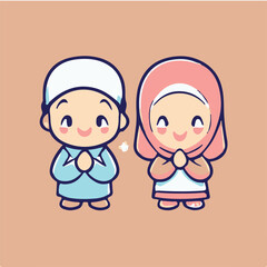 Vector cute boy and girl moslem icon illustration