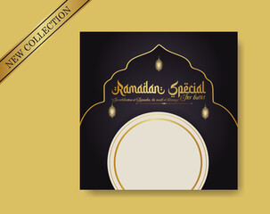 Ramadan Buffet Iftar Social Media Post Banner. Ramadan Theme Food Delivery Square Banner with Lantern. Good used for Food Social Media Post. Ramadan Kareem's special food menu social media post banner