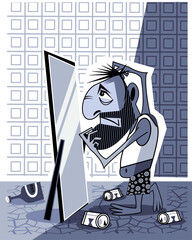 A man stands in front of a mirror. Vector illustration.