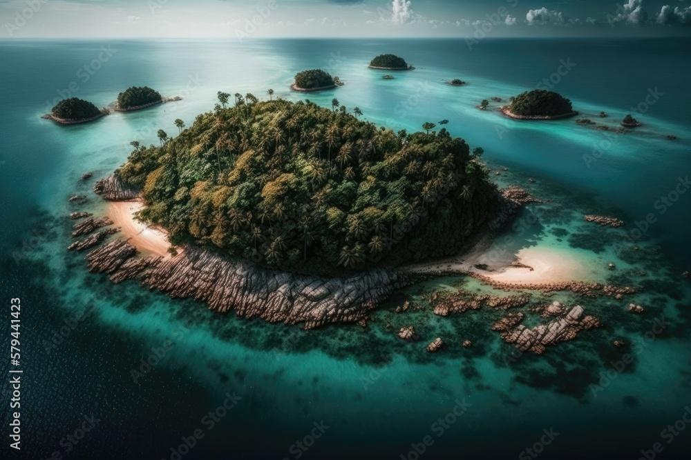 Sticker Thailand's Trat archipelago, featuring a little island in the sea. Generative AI