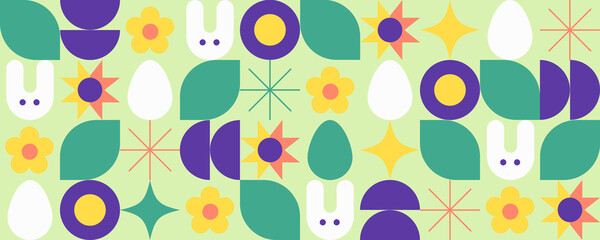 Easter banner. Modern minimal style. Flat vector illustration. Trendy seamless pattern with leaves, flowers, rabbit and eggs. Funny horizontal template. Isolated elements. Cute header for website. 