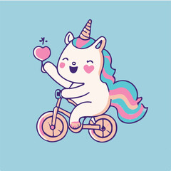 vector cute unicorn riding bicycle and waving hand cartoon vector icon illustration 
