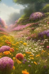 Fototapeta premium A blooming garden. Flowers. Fabulous landscape. Illustration. Generative AI