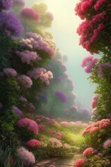 A blooming garden. Flowers. Fabulous landscape. Illustration. Generative AI