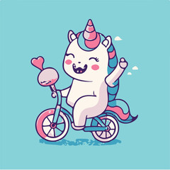 vector cute unicorn riding bicycle and waving hand cartoon vector icon illustration 