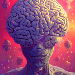 a monster with a big brain without eyes in an unknown world with flying objects. Generative AI