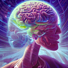 a two-headed person with a brain and a neon light. Generative AI