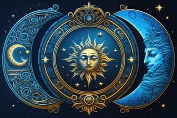 Astrology, divination, and magic banner. Crescent moon, sun, and moon on a blue background; a universal symbol. Pattern and esoteric illustration. Generative AI