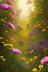 Obraz premium A blooming garden. Flowers. Fabulous landscape. Illustration. Generative AI