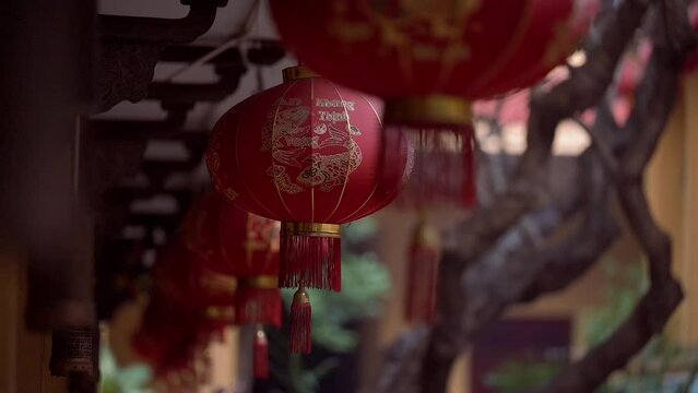 Closeup footage of Vietnamese silk lanterns at the Chua Quan Su Buddhist Temple in Hanoi, Vietnam