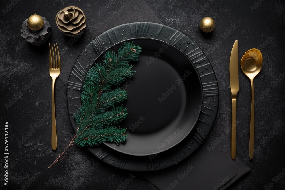 Poster christmas table setting with empty black ceramic plate, fir tree branch and gold accessories on blac