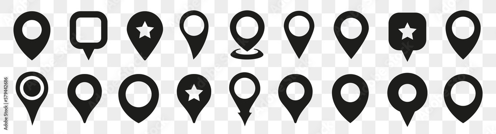 Poster Set of black map pointer icons. Location pin icons collection