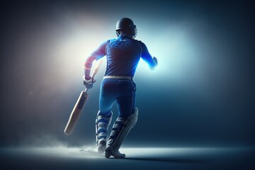 A cricket player walking on the ground in a blue jersey. Cricket. sports player. Generative AI	