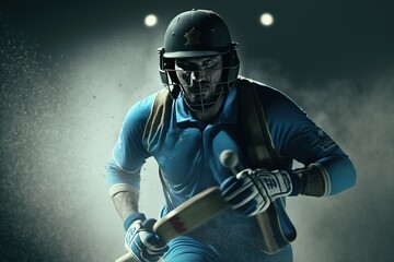 A cricket player walking on the ground in a blue jersey. Cricket. sports player. Generative AI	