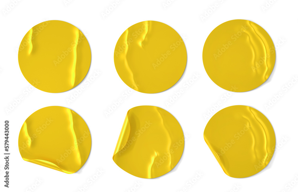 Aufkleber gold round stickers with curl edges and wrinkles 3d render. realistic set of blank foil sticky tags 