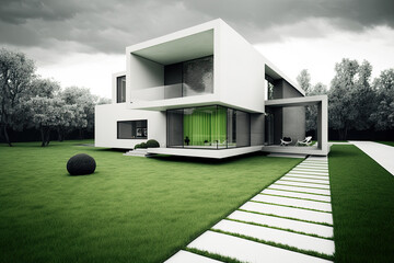 Exterior modern white cubic villa with big windows and garden. Ai generative - obrazy, fototapety, plakaty
