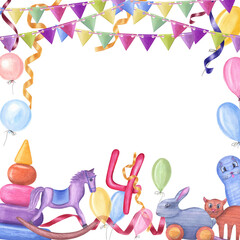 Watercolor card for children's birthdays isolated on white background. Hand painted illustration for template, greeting card, poster, background, postcard for nursery, kids room decor.