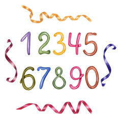 Watercolor illustration of numbers from 0 to 9. Hand painted elements isolated on white background. For for parties, celebrations, template, greeting card, sticker, invitation, decoration.