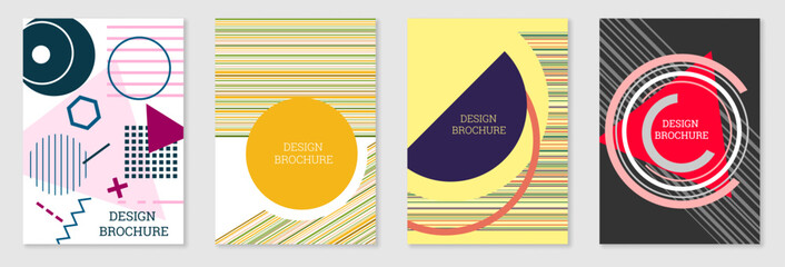 Set of cover design in Memphis style. Geometric design, abstract background. Fashionable bright cover, banner, poster, booklet. Creative colors.