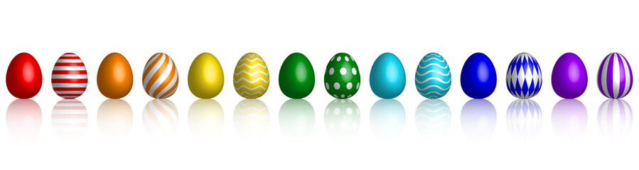 Easter Eggs. Lining with different colors and patterns. Rainbow colored three-dimensional isolated vector illustration on white background