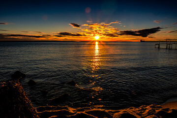 The view of the setting sun has the beaches of the Hel Peninsula in Poland.