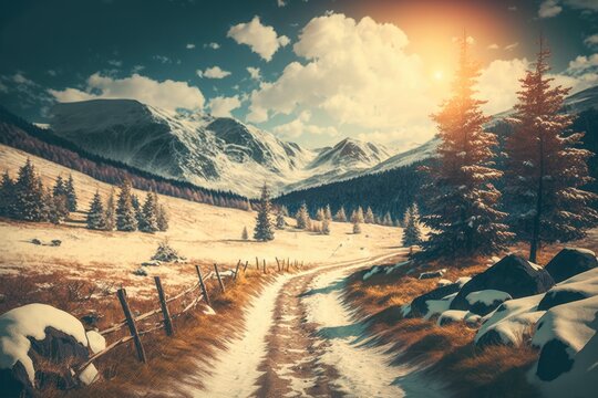 A magnificent winter scene illuminated by sunshine. A dramatic winter setting. Carpathians, Ukraine, and then Europe. Beautiful world Retro retro filter. Instagram effect of toning. Best New Year wish