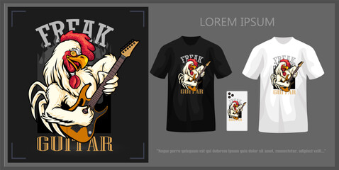 T-shirt design featuring a rooster playing guitar complete with mockup.