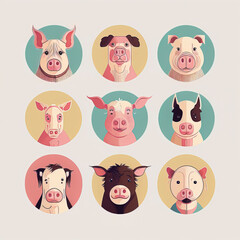 Pig Avatar Illustration: A Collection of Cute Farm Animal Profile Icons for Various Uses created with Generative AI technology