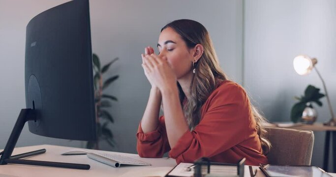 Work, Overtime And Burnout, Woman Yawning Busy On Project Or Report And Thinking At Computer. Night At Office, Deadline And A Yawn, Tired Businesswoman Working Late Sitting At Desk Corporate Startup.