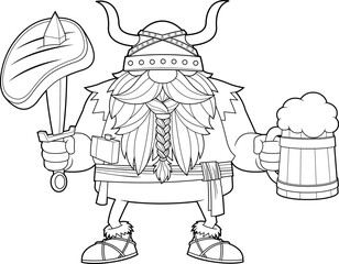 Outlined Gnome Viking Warrior Cartoon Character Holding A Sword With Steak And Mug of Beer. Vector Hand Drawn Illustration Isolated On Transparent Background