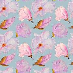 Seamless watercolor pattern with pink magnolias, hand-drawn.