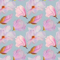 Seamless watercolor pattern with pink magnolias, hand-drawn.