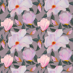 Seamless watercolor pattern with pink magnolias and leaves, hand-drawn.