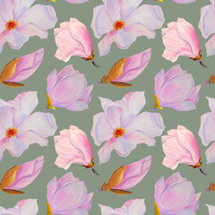 Seamless watercolor pattern with pink magnolias, hand-drawn.
