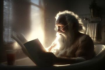 Santa Claus der Weihnachtsmann sitzt als alter Mann in der Badewanne und liest die Wünsche - obrazy, fototapety, plakaty