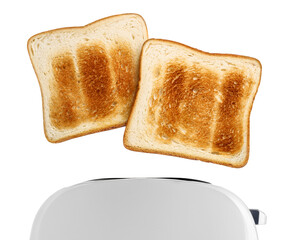 Roasted toasts popping out of a white toaster, cut out - obrazy, fototapety, plakaty