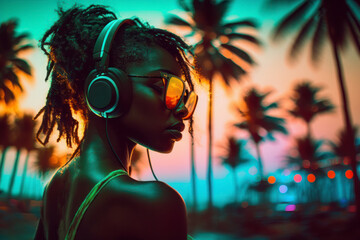 Attractive african american girl clubbing at the hot summer dance party. Headphones. Colorful sunglasses. Palm trees on background. Vacation nightlife.