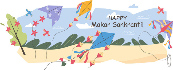 Indian holiday Makar Sankranti festival poster or greeting banner design with kites flying in the sky.