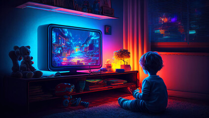 A boy is playing games on Tv in the dark room with neon lights. Generative AI illustration