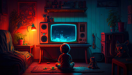 A boy is playing games on Tv in the dark room with neon lights. Generative AI illustration