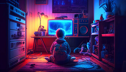 A boy is playing games on Tv in the dark room with neon lights. Generative AI illustration