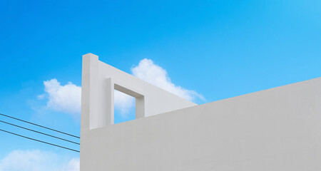 Wall concrete texture with open window against blue sky and clouds, Horizon White paint cement building, Ant view Exterior Modern architecture with open door on roof top in Spring,Summer sky