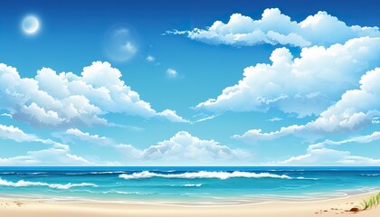 illustration Summer beautiful beach with blue sky and white cloud background. An empty beach scene. 3D realistic illustration. Based on Generative AI