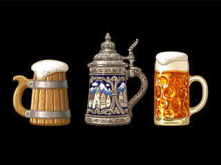 Hand drawn set of old beer mugs. Wooden mug, German stein mug, dimpled Oktoberfest glass mug. Vector illustration.