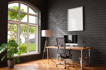 comfortable workplace with pc on wooden desk in office at home; bright sunlight from side large window and wall; canvas copy space;  remote work freelance; 3D Illustration