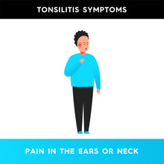 Vector illustration of a man experiencing pain in his ears. A person has pain in the neck. Symptoms of tonsillitis. Illustration for medical posters, articles.