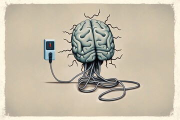 Illustration of a brain plugged into a power outlet, recharging energy, Recharging the Mind: The Importance of Rest for a Healthy Brain, Generative AI
