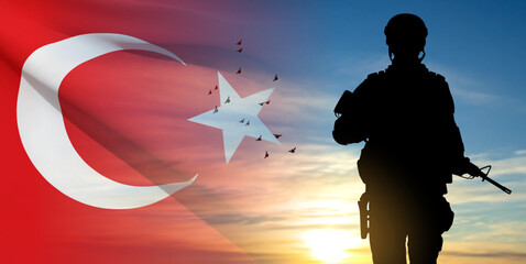 Silhouette of soldier with Turkey flag on background of sky. Background for Turkish Armed Forces Day, Victory Day. EPS10 vector