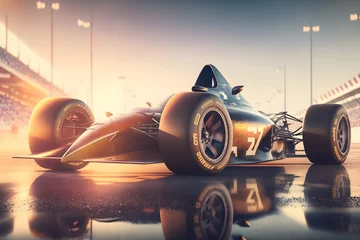 Rolgordijnen Fast Race car racing at high speed, sunset light. Concept Motorsport, motion blur effect. Generation AI © Adin